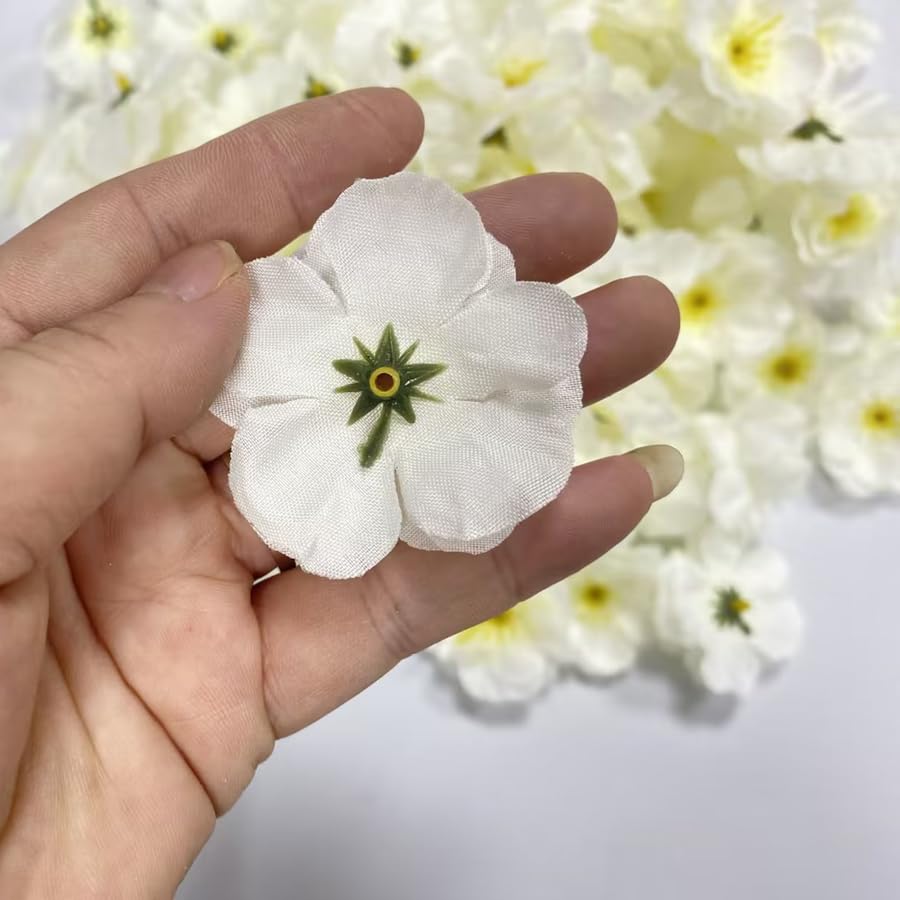 Rikyo 100 pcs Artificial Silk Cherry Blossom Flower Heads Spring Fake Plum Blossom Peach,Vase Fillers,Corsages for Wedding Decor,Nursery Wall,Archway Decor Wreath Garland Cake Ornaments (White) - color: White