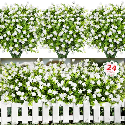 Ouddy Decor 24 Bundles Artificial Flowers for Outdoors Decoration Fake Flowers UV Resistant Faux Plastic Greenery Eucalyptus Plants for Spring Summer Garden Patio Indoor Outdoor Home Decor, White - color: White