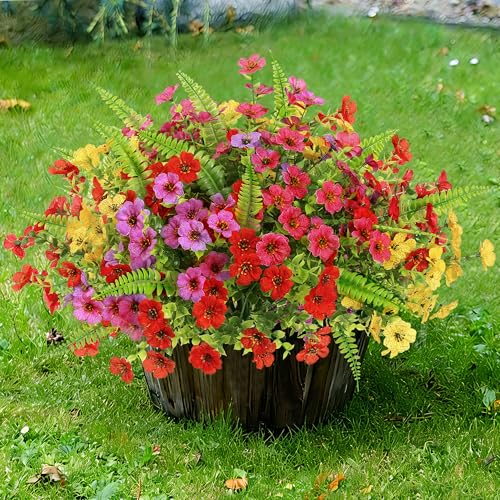Artificial Flowers for Outdoors 12 Bundles Realistic Faux Plants UV Resistant Fake Silk Daisy with Eucalyptus for Boxwood Planter Patio Porch Outside Spring Summer Decoration(Mixed with Fern) - color: Mixed With Ferns