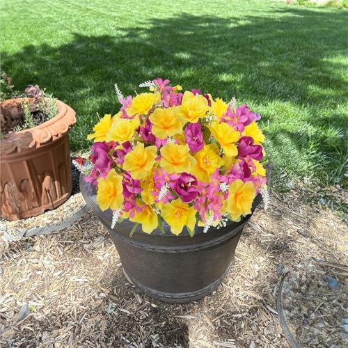 Zytherm 4 Bundles Artificial Flowers for Cemetery Daffodils Bouquets Yellow Silk Floral Arrangements Fake Tulip Mothers Day Flowers for Grave Home Table Centerpieces Vase Wedding Party Outdoor Decor