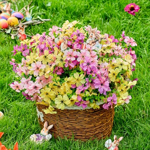 Artificial Flowers for Outdoors Patio Decoration 12 Bundles Fake Flower Cherry Blossom UV Resistant Faux Plants Yard Garden Porch Home Boxwood Patio Spring Easter Decor, Mix Yellow Purple Pink Flower - color: B Purple Yellow Pink Cherry Blossom 12pcs