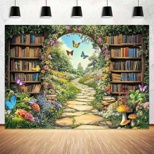 Enchanted Forest Fairy Library Backdrop, Spring Woodland Bookshelf Tea Party Photography Background, Green Floral Plant Birthday Party Decorations Baby Shower Banner Photo Booth Props 5X3FT - color: Brown, size: 5X3FT