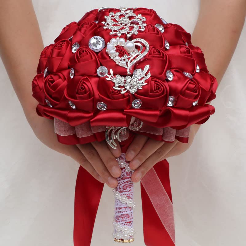 Wedding Bouquets Crystal Satin Rose Bride Bridal Bouquet Romantic Bridesmaid Holding Flower for Valentine's Day Confession Party Church Decor (Wine Red) - color: Wine Red