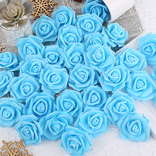 IPOPU Artificial Rose Flower Heads, 100 Pcs Real Looking Sky Blue Foam Fake Roses for DIY Wedding Baby Shower Centerpieces Arrangements Party Tables Home Decorations (Sky Blue, Stemless) - color: 100pcs Sky Blue