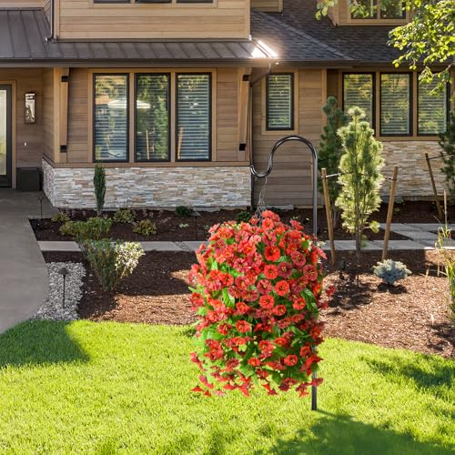 Homsunny Artificial Fake Hanging Flowers Plants Baskets for Outdoor Spring Summer Decorations,Resistant Faux Morning Glory Silk Plants for Outside UV Resistant Patio Yard Home Porch Decor(Red Brown) - color: Red Brown