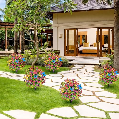 ICX 2 PCS Artificial Boxwood Topiary Ball Trees with Flowers, 23.6" Outdoors Fake UV Resistant Plants Faux Eucalyptus Shrubs Bushes for Porch Patio Garden (Butterfly) - color: Mix With Butterfly