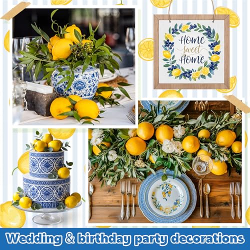 Norme 63 Pcs Artificial Lemon Decoration for Home Centerpiece, Faux Yellow Lemons, Artificial Fake Lemon Leaves and Wooden Desktop Sign Decor for Home, Kitchen, Party Decor, Photography Props - style: Lemon Style 2