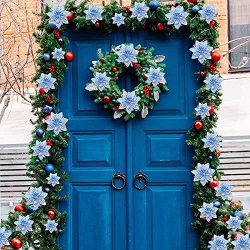 Geosar 36 Pcs Christmas Glitter Artificial Poinsettia Flowers Xmas Poinsettia Artificial Wedding Flowers Decorations Xmas Tree Ornaments with Clips for Party, 6 Inch, 4 Inch, 3 Inch(Silver and Blue) - color: Silver and Blue
