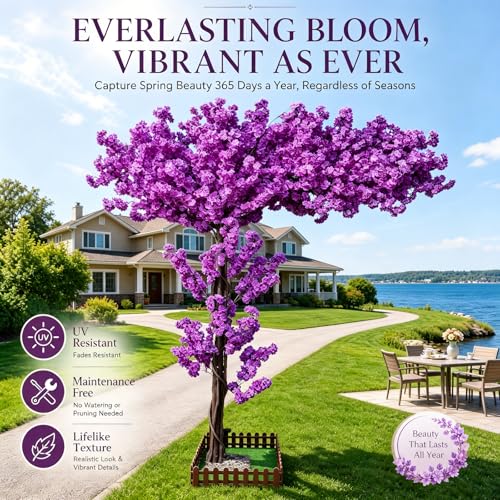 Purple Artificial Cherry Blossom Trees 6ft Tall for Indoor Outdoor Home Decor Living Room,Fake Faux Large Cherry Blossom Trees for Wedding Party Office Shopping Mall Restaurant Graden Living Room - color: Purple, size: 5ft 11in