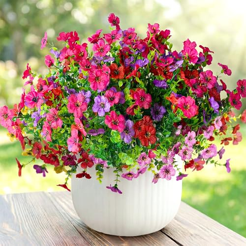 Artificial Flowers for Outdoors, Faux Plants 12 Bundles Silk Colorful Fake Flowers Eucalyptus Realistic UV Resistant for Outside Home Planter Porch Patio Yard Decor (12, Hot pink Red Purple) - color: Hot Pink Red Purple