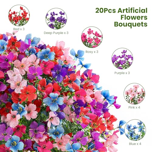 SHareconn 20 Bundles Artificial Flowers Outdoors Decoration, Fake Silk mums Eucalyptus Realistic UV Resistant Faux Plants for Outside Indoor Planter Porch Yard Home Spring Decor, 6 Colors incl. Blue - color: Redrosypurpledeeppurplepinkblue