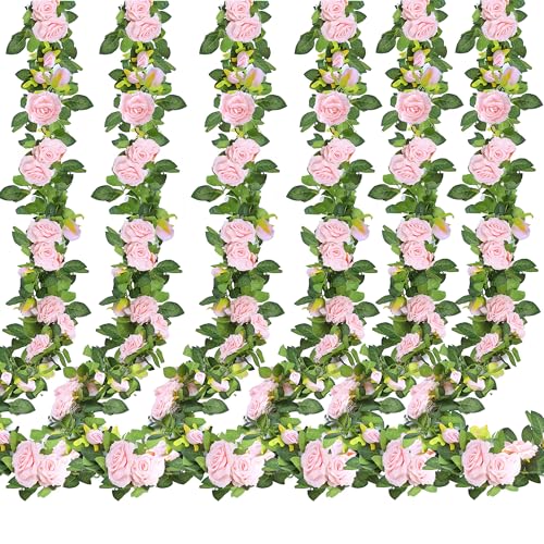 Sggvecsy 6Pcs 46.5Ft Artificial Rose Vine Fake Flower Garland Floral Garland Faux Silk Hanging Vine Rose Ivy Vines for Wedding Arch Party Wall Garden Ceremony Background Outdoor Decor (Pink) - color: Pink, size: 6Pcs