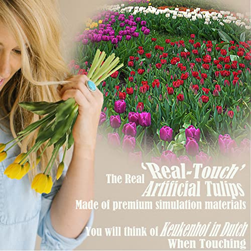 20pcs Artificial Tulip Flowers,16 Inch Real Touch Tulip Stems with Faux Leaves, Faux Tulips and Buds for Home Décor Centerpiece Ornament Wedding Bouquet,Yellow - color: Yellow