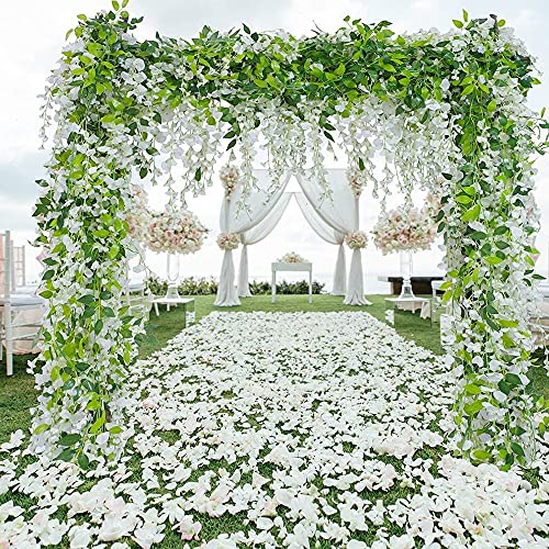 Wisteria Garland 5pack 33Ft Artificial Fake Wisteria Vine Hanging Flowers Fake Vines Plants - color: Milky White