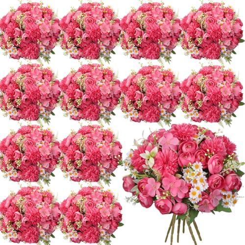 Tigeen Peonies Artificial Flowers Faux Roses Silk Flowers Hydrangea Artificial Bouquet for Wedding Table Centerpiece Floral Vase Home Office Bridal Decor(Rose Pink,12 Bundles) - color: Rose Pink