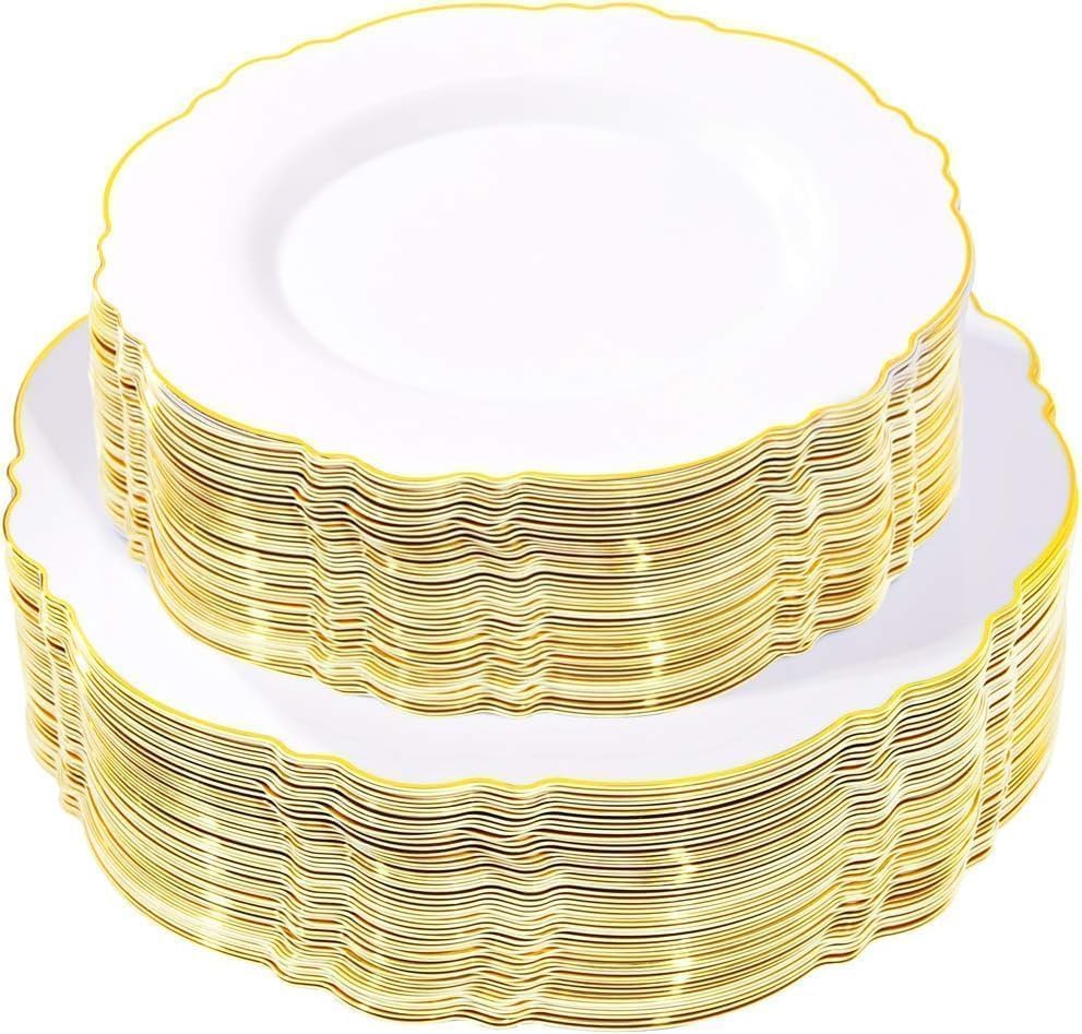 WDF 100pcs Gold Plastic Plates - High-end Baroque Design - Heavy Duty White &Gold Wedding Plates Set Ideal for Party/Wedding/Birthday - color: Gold, size: 100PCS