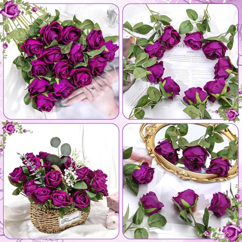 36 Pcs Dark Purple Velvet Artificial Flowers, Realistic Fake Roses Bulk for Wedding Arch, Bouquet Making, Centerpieces - color: Purple