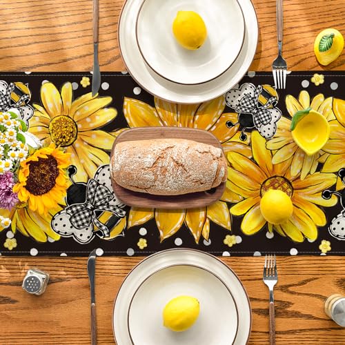 Artoid Mode Black Sunflower Bee Flower Polka Dot Summer Table Runner, Seasonal Kitchen Dining Table Decoration for Indoor Party Home 13x72 Inch - color: Black, size: 13" x 72", Table Runner