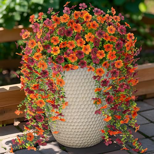 Ammyoo Artificial Hanging Flowers for Outdoors Fake Mums Fall Decoration, 2 Pcs Faux Silk Daisy Flower Realistic Outside Plants UV Resistant Porch Patio Window Yard Indoor Decor(Orange Brown) - color: Dorange Brown