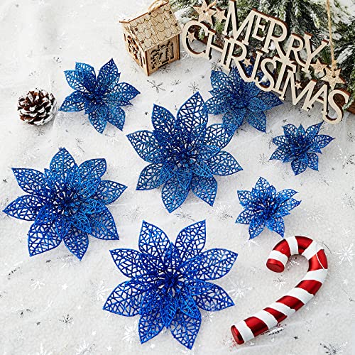 Wironlst 24 Pieces Glitter Poinsettia Flowers Christmas Tree Ornaments, Glitzy Poinsettia Bushes Christmas Decorations for Xmas/Holiday/Seasonal/Wedding (Blue) - color: Blue 1