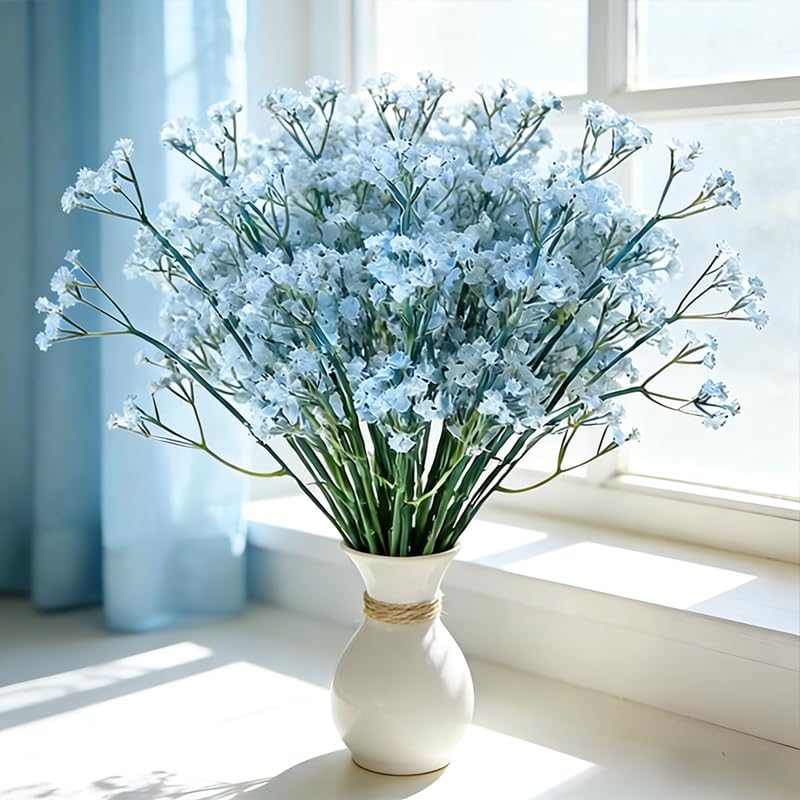 10 Pcs Babys Breath Light Blue Artificial Flowers, Real Touch Gypsophila Fake Flowers for Wedding, Home Decor, Vase Filler, Table Centerpieces, Party Decorations - color: 10pcs Light Blue