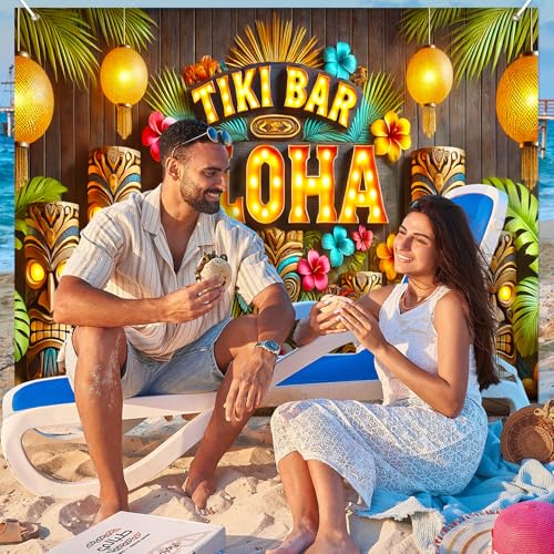BlissYard Tiki Bar Aloha Luau Party Backdrop Tropical Hawaiian Banner 8x6FT Large Flamingo Beach Theme Photo Booth Background Summer Pool Party Birthday Indoor Outdoor Event Photography - color: Tiki Bar Aloha#01