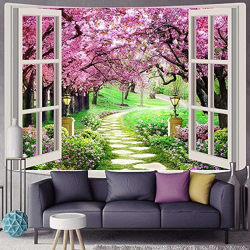 MEETSIOY Japanese Cherry Blossom Window Tapestry, 80x60 Inches, Pink Flowers, Botanical Floral Natural Landscape, Aesthetic Home Decor for Living Room, Bedroom, Nursery - color: Wiht window pattern, size: 80"L x 60"W