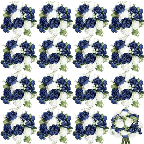 16 Bundles Artificial Flowers Peonies Bulk, Navy Blue Silk Fake Flower for DIY Bouquet Faux Peony Floral Arrangements for Vase Centerpiece Home Wedding Party Centerpiece - color: Navy Blue & White