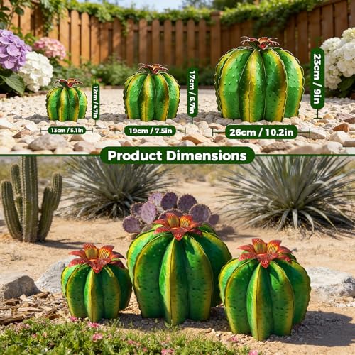 KODIBO Metal Cactus Outdoor Decor, 3-Pack Yard Art Fake Barrel Cactus Sculptures with Flower Tops, Weather-Resistant Patio Lawn Decorations for Flower Bed, Rock Garden, Porch, Housewarming Gift - color: Barrel Cactus: 3-pack
