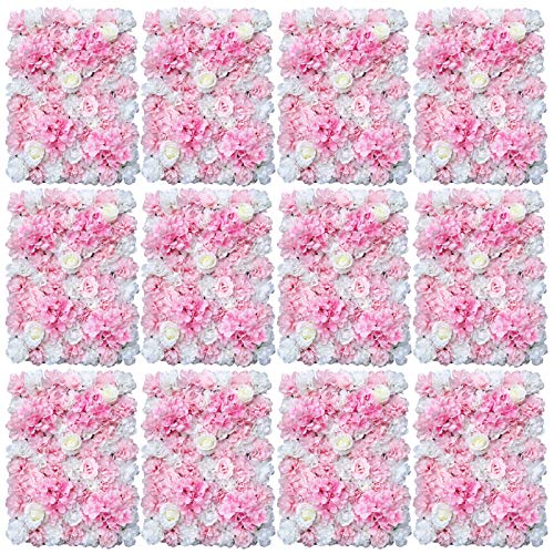 OUKANING 12 Pack Artificial Flower Wall Panels 24" x 16" Pink&White Faux Hydrangea and Rose Artificial Flower Backdrop Panels for Wedding Party Event Flower Wall Decor - color: 12pcs, White+light Pink