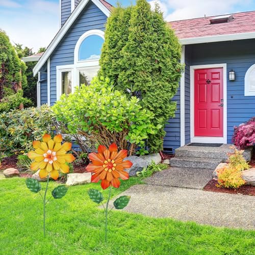 YEAHOME Garden Decor for Outside, Set of 2 Metal Flowers 23.6” Decorative Garden Stakes for Spring Decor, Yard Art Flower Stakes for Outdoor Lawn Backyard Porch Garden Decorations (Orange, Yellow) - color: Orange,yellow