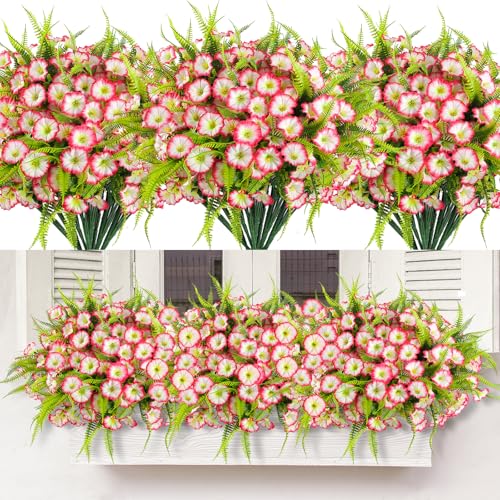 Artificial Flowers for Outdoors 12 Bundles UV Resistant Pink Artificial Petunias Fake Flowers Shrubs Plants with Fern for Indoor Outside Hanging Planters Home Garden Spring Summer Decorations - color: Pink