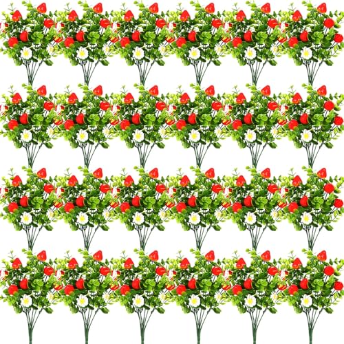 Tigeen 24 Pack Strawberry for Decoration Fake Strawberry Branches Artificial Vivid Red Faux Tables Centerpiece for Kitchen Stem Fruits for Home Spring Summer Decor - style: Strawberry
