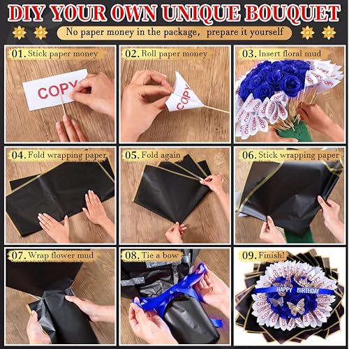 Maysing Money Bouquet Kit 12 Pcs Glitter Roses 20 Sheet Flower Wrapping Paper DIY Flower Bouquet Floral Foam Blocks Sticker for Anniversary Birthday Mother's Day Graduation(Blue) - color: Blue