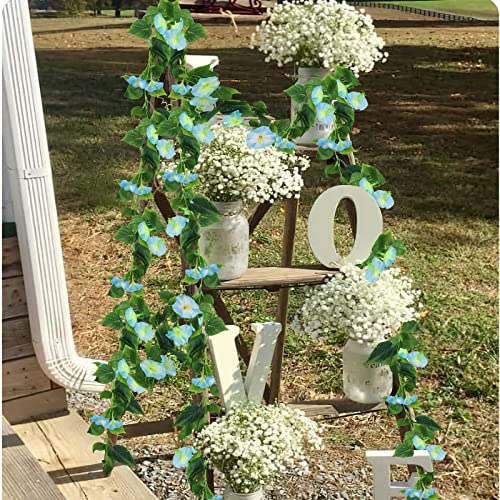 CISDUEO 2 Pcs Artificial Vines for Outdoors Silk Morning Glory Vines 15Feet Hanging Plants Blue Flowers Garland Fake Green Plant Morning Glories for Home Decor Wall Fence Wedding Hanging Baskets - color: Blue