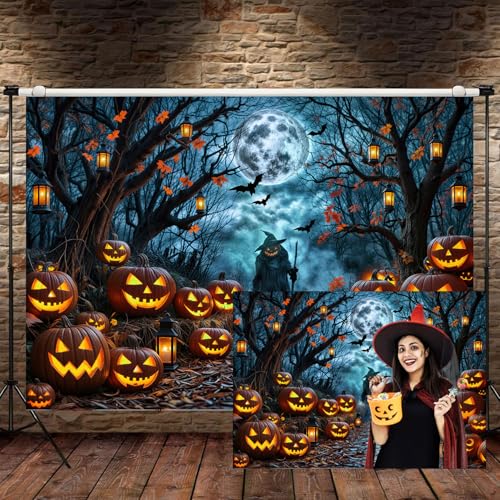 Halloween Misty Dark Forest Backdrop, Moon Night Creepy Scene Dark Pathway Pumpkin Bats Woods Photography Background, Ghost Themed Birthday Party Banner Decor Witch Photo Props 5X3FT - color: Black, size: 5X3FT