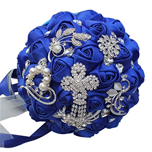 S_SSOY Customizable Romantic Wedding Bouquets Silk Flowers Bridal Holding Roses Bride Bridesmaid Brooch Bouquet with Pearl Diamond Crystal Ribbon Valentine's Day with Free Corsage (Blue) - color: Blue