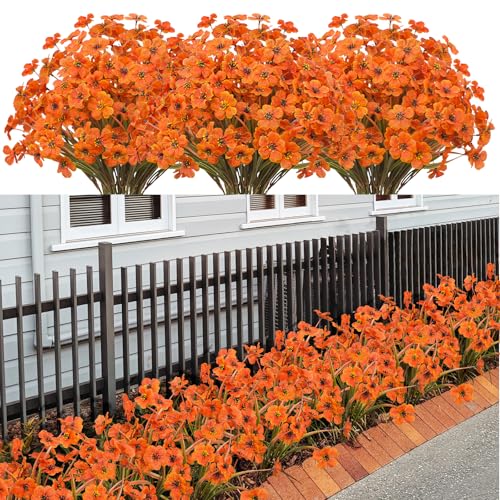 LikSoor 21 Bundles Artificial Outdoor UV Resistant Flowers No Fade Fake Outside Flowers Plastic Greenery Faux Shrubs Garden Porch Window Box Home Decoration(Light Autumn Orange) - color: Light Autumn Orange