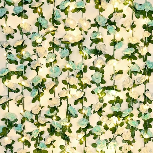 BLEUM CADE 12Pcs 98.4Ft Flower Garland Artificial Rose Vines with 98.4Ft String Lights, Cute Fake Hanging Flower Vines Floral Garland Decorations for Wedding Party Wall Room Decor Aesthetic - color: Blue & White With Lights, size: 12 Pcs