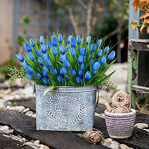 8 Bundles Outdoor Artificial Tulips Fake Flowers UV Resistant Faux Plastic Greenery Shrubs Plants for Home Outside Garden Porch Window Farmhouse Decor (Blue) - color: Blue