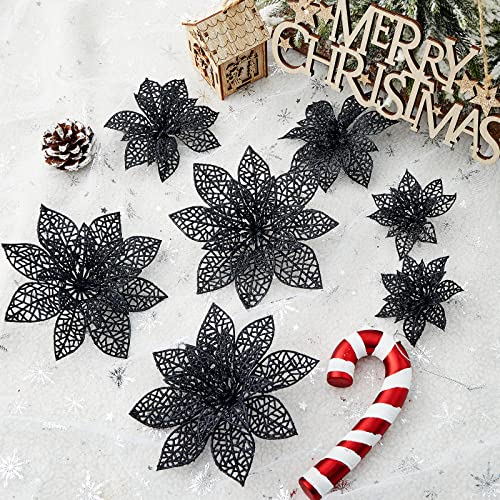 Wironlst 24 Pieces Glitter Poinsettia Flowers Christmas Tree Ornaments, Glitzy Poinsettia Bushes Christmas Decorations for Xmas/Holiday/Seasonal/Wedding (Black) - color: Black