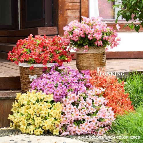 Artificial Flowers for Outdoors Patio Decoration 12 Bundles Fake Flower Lily UV Resistant Faux Plants Yard Garden Porch Home Boxwood Planter Patio Decor, Mix Pink Purple Yellow Orange Red Flower - color: B 6 Mix Colors Lily 12pcs