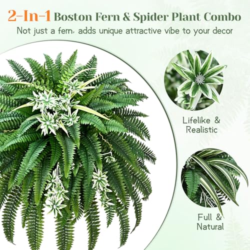 Livole 2 Pcs 60" 2-in-1 Fake Ferns with Spider Plant, Artificial Ferns for Outdoors Large Faux Boston Fern with 118 Branches Realistic UV Resistant for Planter Indoor Home Garden Porch Hanging Decor - size: 60"-118 Branches-2 Pcs