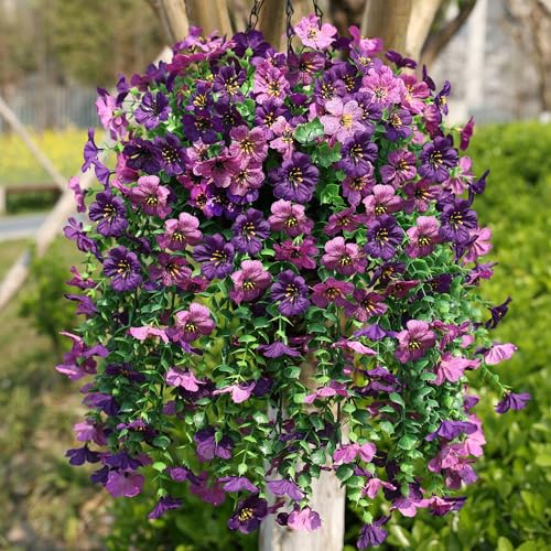 HyeFlora Artificial Hanging Flowers Basket for Outdoor, Fake Flowers Faux Plants Look Real for Yard Gardens Porch Patio Home (Darkpurple+Purple) - color: Darkpurple+purple