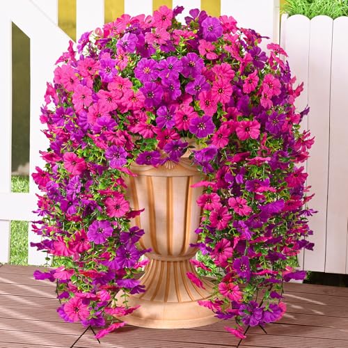 Dolicer 4 Pcs Look Real Artificial Flowers for Outdoors, Realistic Fake Artificial Hanging Flowers for Outdoors UV Resistant Silk Faux Hanging Plants Flowers for Porch Patio Garden (Purple+Fuchsia) - color: Purple+fuchsia, size: 4 Pcs