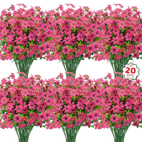 20 Bundles Artificial Flowers for Outdoors, Fake Silk Flowers UV Resistant Faux Realistic Plastic Plants for Spring Summer Porch Patio Garden Planter Window Box Home Decor, Fuchsia - color: Fuchsia