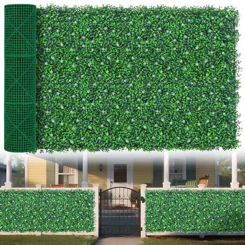Yangrass Boxwood Roll Panels with Flowers, 60"x120" (50 sqft) Artificial Ivy Privacy Fence Screen, UV-Anti Faux Boxwood Roll Grass Wall Panels for Patio Garden Balcony Decor - size: 60x120inches