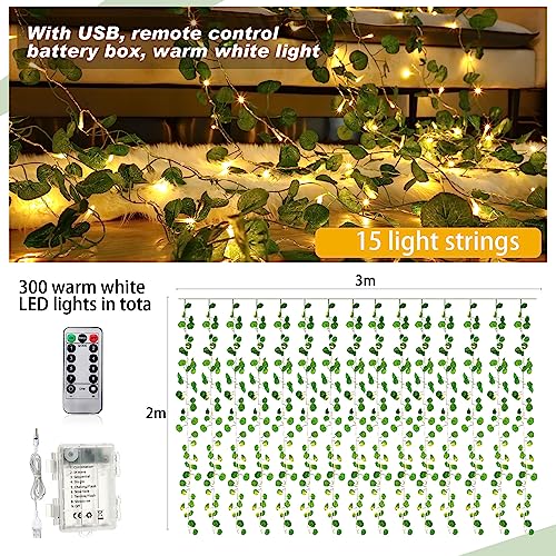 Unittype 15 Pcs 6.6 ft 300 LED Fake Ivy Vines with Lights for Bedroom String Fairy Light Curtain Artificial Hanging Vines Plant Garland with Light for Wall Outdoor Indoor Decor(Eucalyptus Leaf) - style: Eucalyptus Leaf