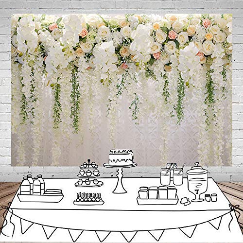 Mocsicka Wedding Flower Backdrop Wall Floral Bridal Shower Backdrops for Photoshoot Wedding Decoration for Reception White Rose Floral Photography Background Banner (5x3ft) - size: 5x3ft