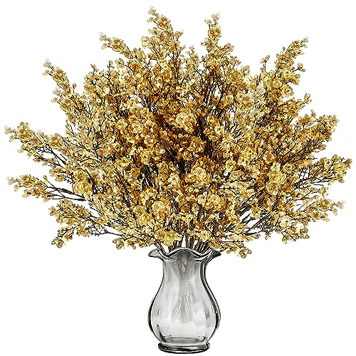 Sggvecsy 15 Pcs Babys Breath Artificial Flowers Gypsophila Bouquets Bulk Real Touch Fake Silk Flowers for Home Wedding DIY Floral Arrangement Kitchen Table Centerpiece Christmas Decoration (Gold) - color: Gold, size: 15Pcs